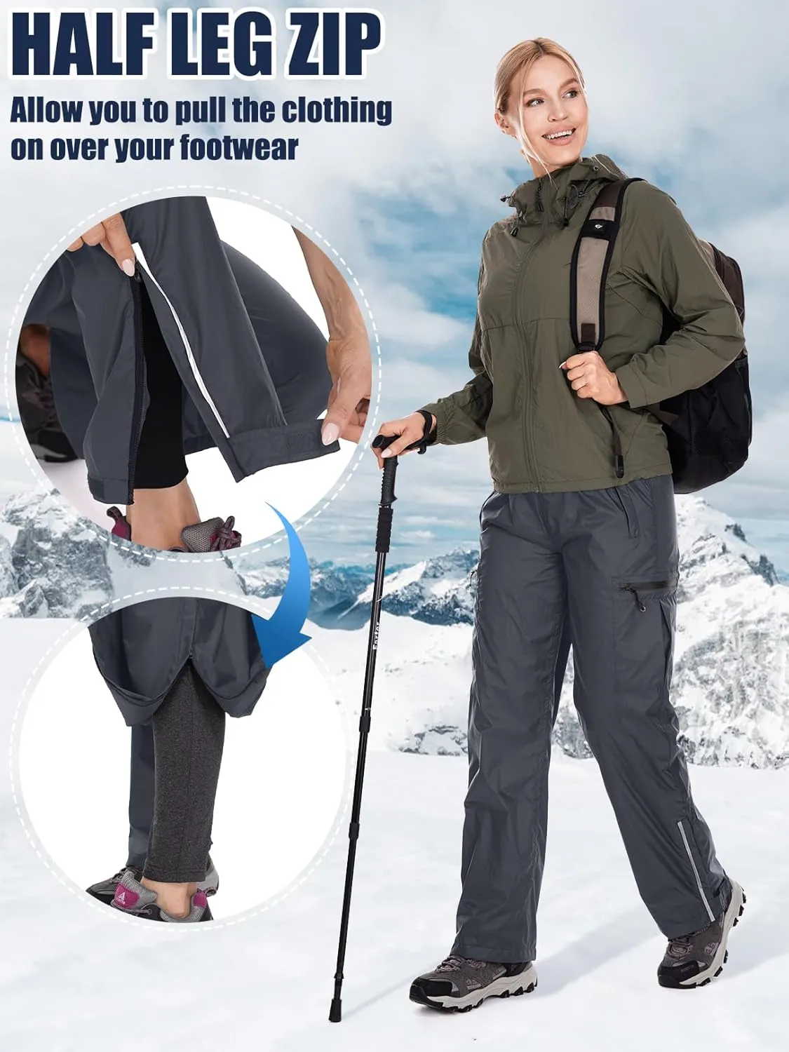 Women's Rain Pants Waterproof Hiking Pants Windproof Lightweight Over Pants Outdoor for Golf Fishing Cycling #2089