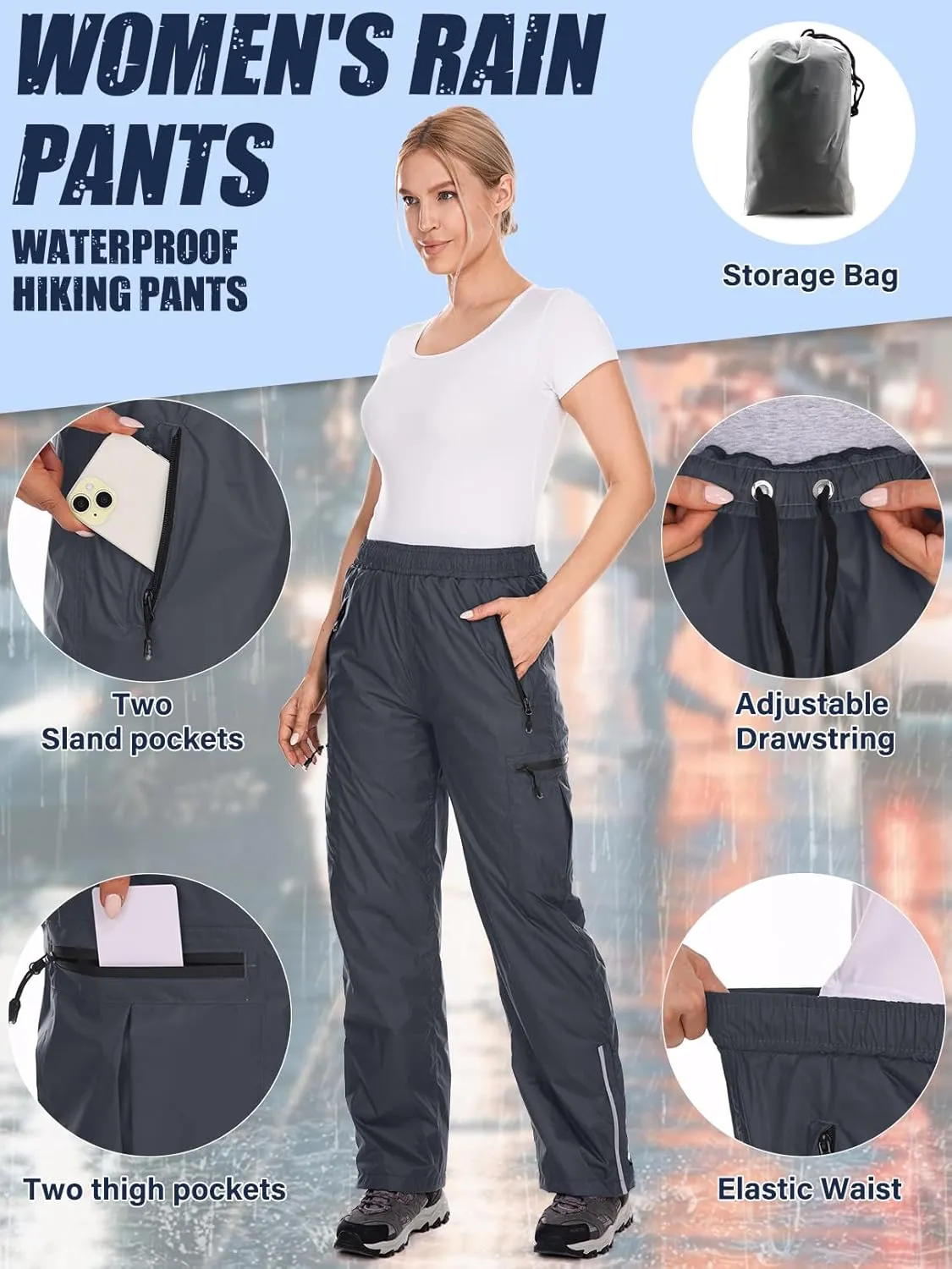Women's Rain Pants Waterproof Hiking Pants Windproof Lightweight Over Pants Outdoor for Golf Fishing Cycling #2089