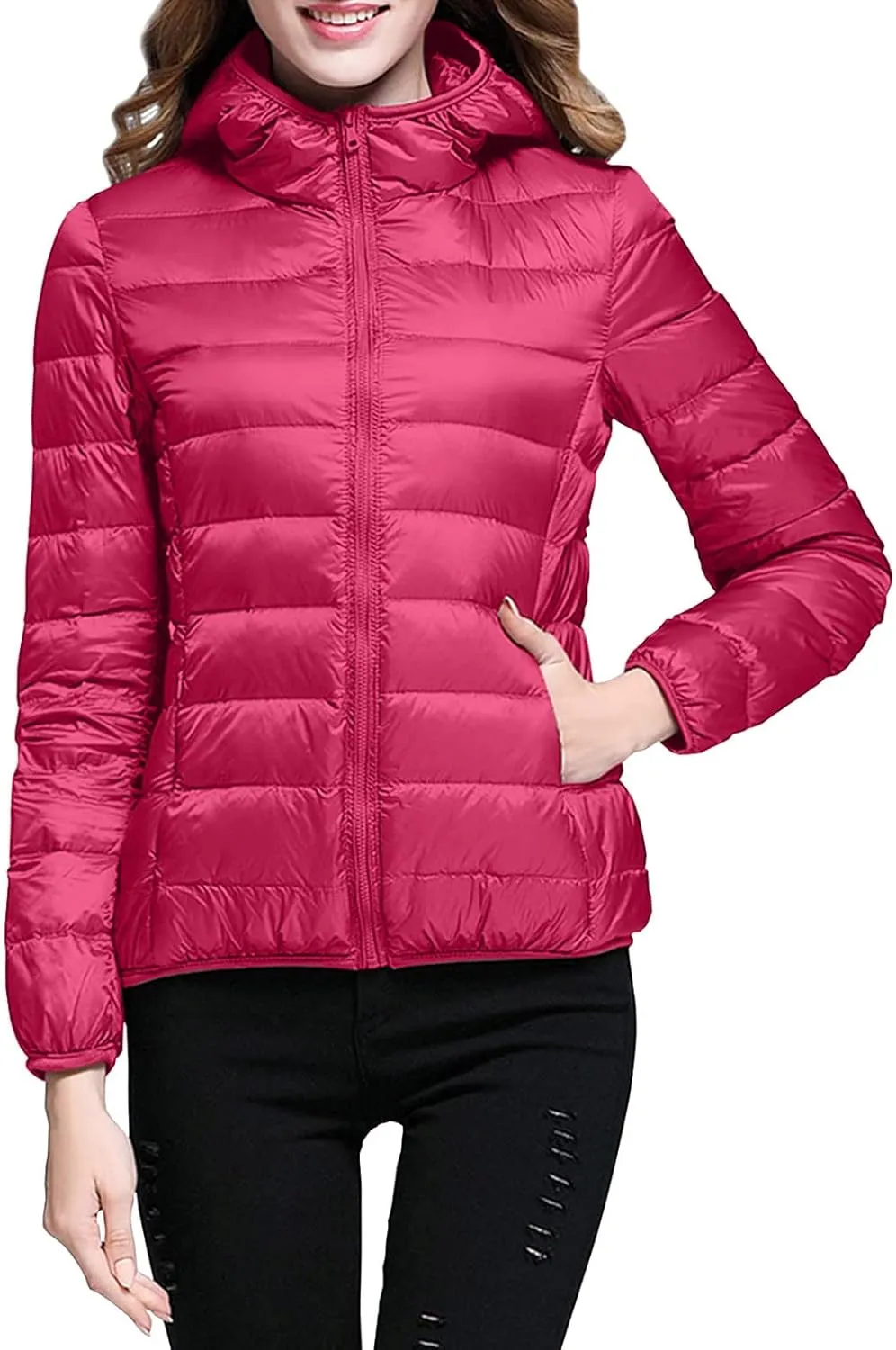 Women's Winter Coats Lightweight Packable Hooded Puffer Jacket Warm Down Coat Ski Coat Long Sleeve Zip Up Quilted Overcoat