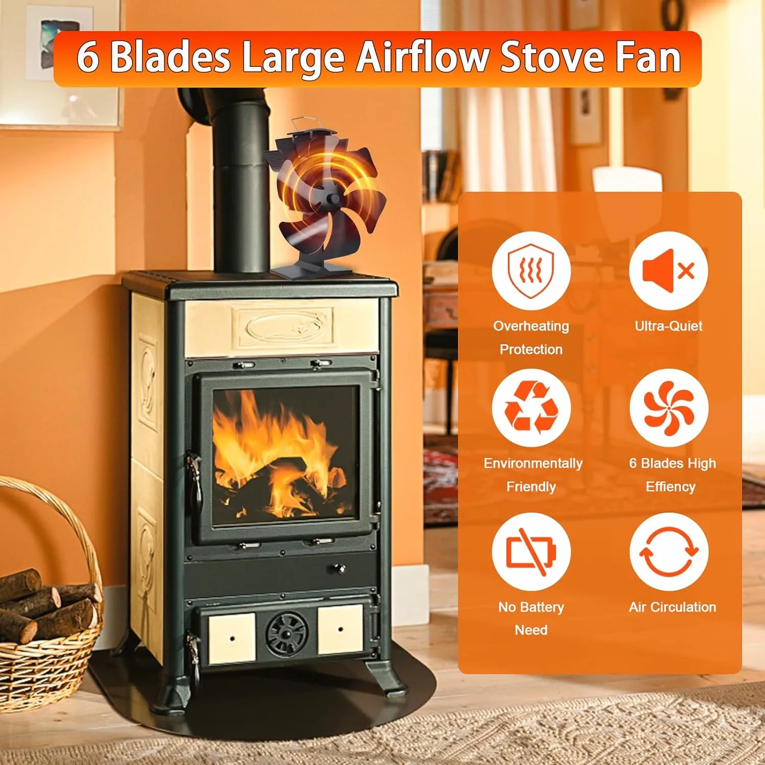 Wood Stove Fan Heat Powered Stove Heater Fan Fireplace Fan for/Pellet/Wood Burner/Fireplace