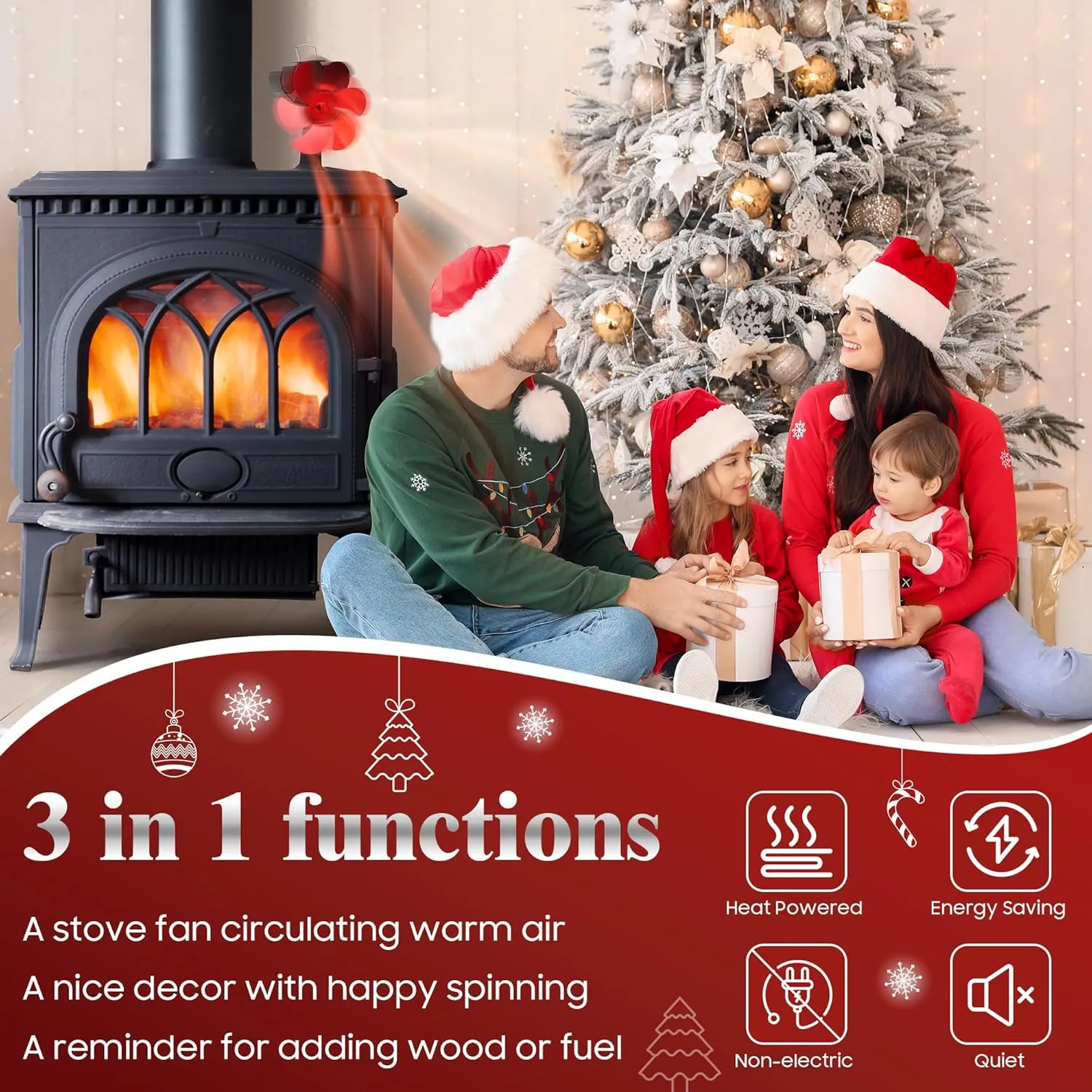 Wood Stove Fan - New Designed 6 Red Blades Heat Powered Fan for Fireplace, Home Decor, Wood Burning/Pellet Stove/Log Burner - Non-electric, Long Lasting Use - Magnetic Thermometer Included