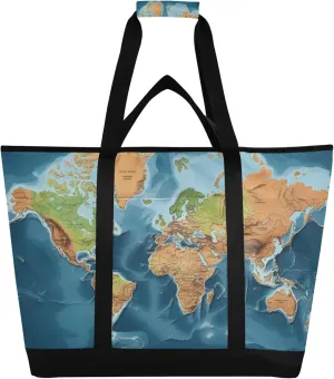 World Map Reusable Insulated Cooler Bag with Ice Pack Compartment - Large 47L Waterproof Thermal Grocery Tote for Picnic Beach Camping Lunch Storage
