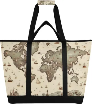 World Map Reusable Insulated Cooler Bag with Ice Pack Compartment - Large 47L Waterproof Thermal Grocery Tote for Picnic Beach Camping Lunch Storage