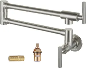 WOWOW Pot Filler Faucet Brushed Nickel, Brass Pot Filler Wall Mount Kitchen Stove Faucet with Double Joint Swing Arms