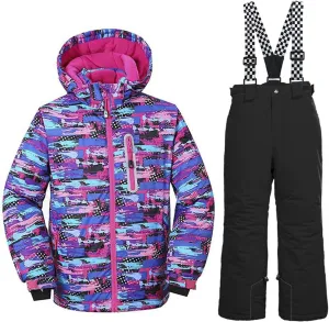 WOWULOVELY Girls Thicken Warm Snowsuit Hooded Ski Jacket Pants 2 Pcs Set Skiing Jacket with Pants