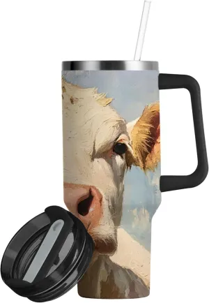 xigua 30 oz Cow Tumbler with Handle and Straw Lid, Stainless Steel Vacuum Insulated Sports Water Bottle, Keeps Cold or Hot Coffee Cup Travel Mug