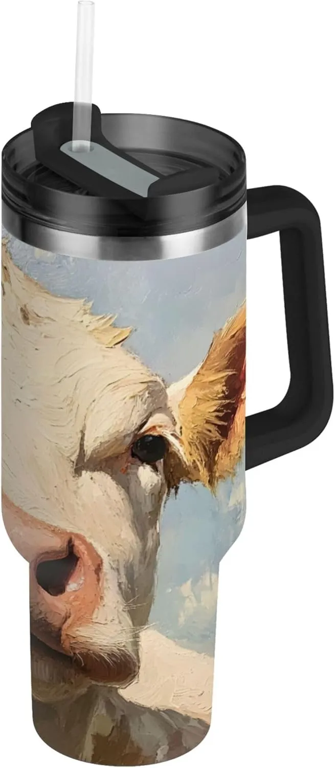 xigua 30 oz Cow Tumbler with Handle and Straw Lid, Stainless Steel Vacuum Insulated Sports Water Bottle, Keeps Cold or Hot Coffee Cup Travel Mug