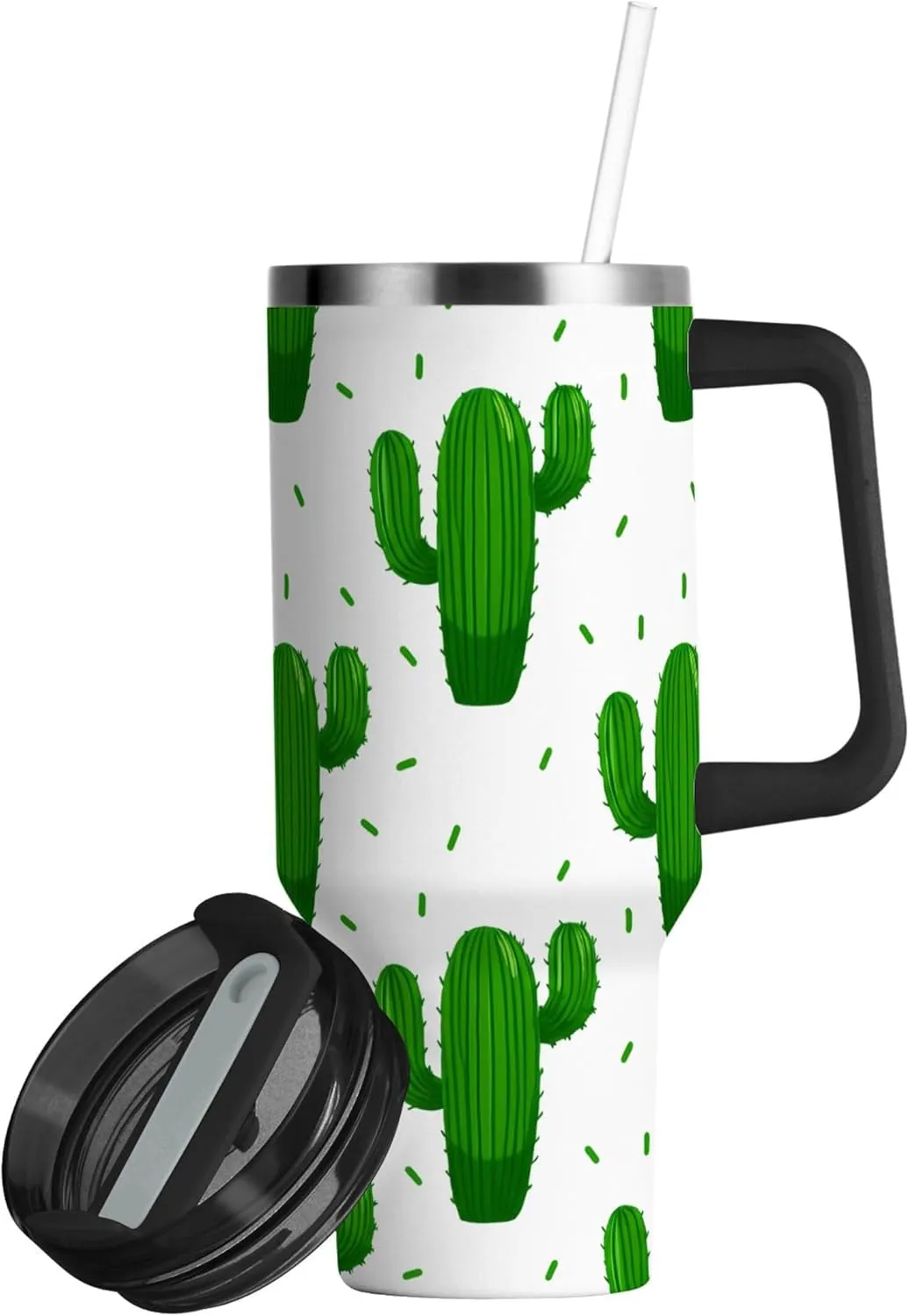 xigua 30 oz Green Cacti Tumbler with Handle and Straw Lid, Stainless Steel Vacuum Insulated Sports Water Bottle, Keeps Cold or Hot Coffee Cup Travel Mug