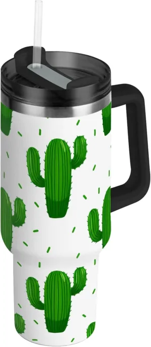 xigua 30 oz Green Cacti Tumbler with Handle and Straw Lid, Stainless Steel Vacuum Insulated Sports Water Bottle, Keeps Cold or Hot Coffee Cup Travel Mug