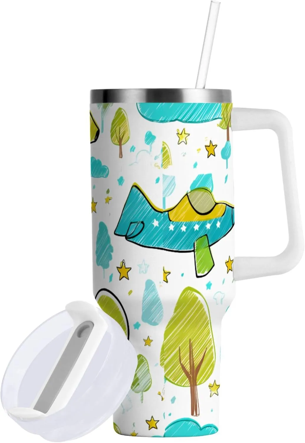 xigua 30 oz Whimsical Airplanes Tumbler with Handle and Straw Lid, Stainless Steel Vacuum Insulated Sports Water Bottle, Keeps Cold or Hot Coffee Cup Travel Mug