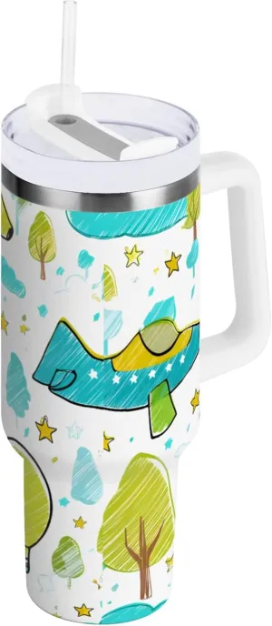 xigua 30 oz Whimsical Airplanes Tumbler with Handle and Straw Lid, Stainless Steel Vacuum Insulated Sports Water Bottle, Keeps Cold or Hot Coffee Cup Travel Mug