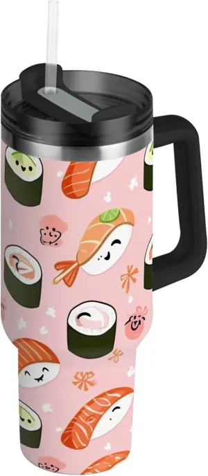 xigua 40 oz Cute Sushi Tumbler with Handle and Straw Lid, Stainless Steel Vacuum Insulated Sports Water Bottle, Keeps Cold or Hot Coffee Cup Travel Mug