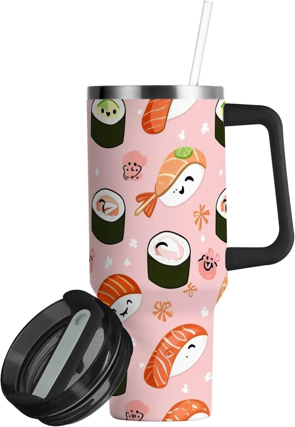 xigua 40 oz Cute Sushi Tumbler with Handle and Straw Lid, Stainless Steel Vacuum Insulated Sports Water Bottle, Keeps Cold or Hot Coffee Cup Travel Mug