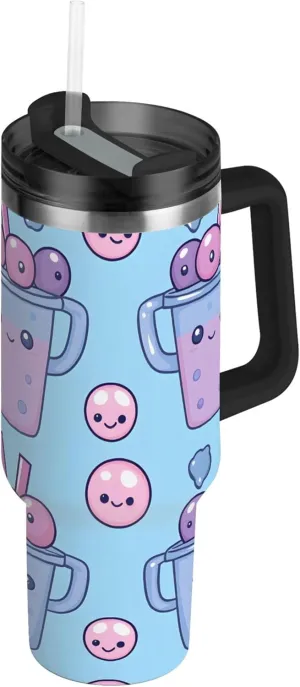 xigua 40 oz Kawaii Tea Pattern Tumbler with Handle and Straw Lid, Stainless Steel Vacuum Insulated Sports Water Bottle, Keeps Cold or Hot Coffee Cup Travel Mug