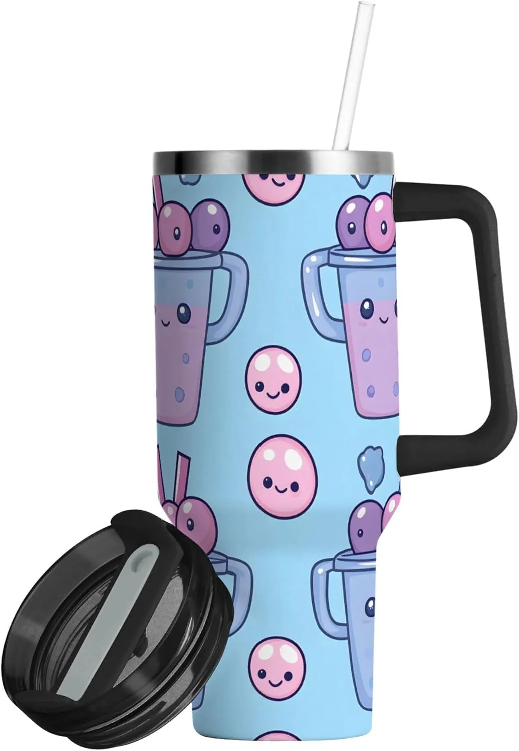 xigua 40 oz Kawaii Tea Pattern Tumbler with Handle and Straw Lid, Stainless Steel Vacuum Insulated Sports Water Bottle, Keeps Cold or Hot Coffee Cup Travel Mug