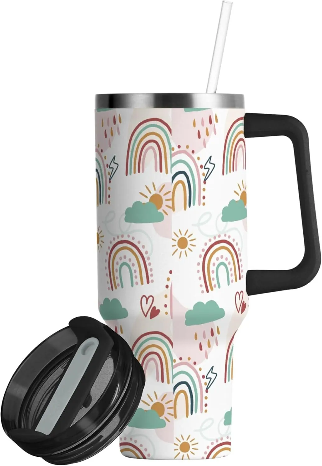 xigua 40 oz Rainbow Pattern Tumbler with Handle and Straw Lid, Stainless Steel Vacuum Insulated Sports Water Bottle, Keeps Cold or Hot Coffee Cup Travel Mug