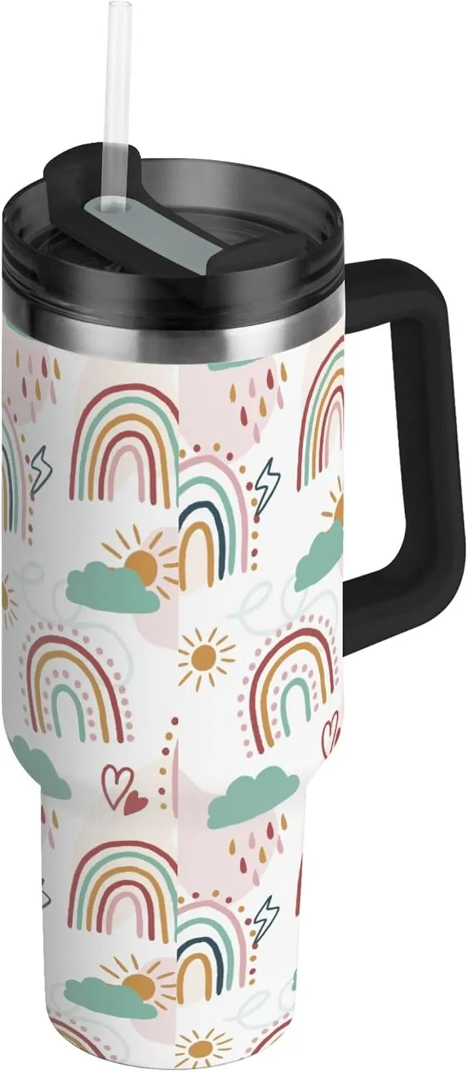 xigua 40 oz Rainbow Pattern Tumbler with Handle and Straw Lid, Stainless Steel Vacuum Insulated Sports Water Bottle, Keeps Cold or Hot Coffee Cup Travel Mug