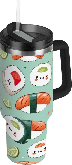 xigua 40 oz Sushi Tumbler with Handle and Straw Lid, Stainless Steel Vacuum Insulated Sports Water Bottle, Keeps Cold or Hot Coffee Cup Travel Mug