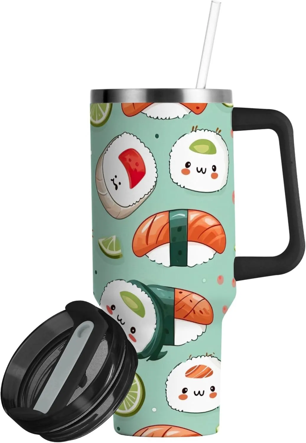 xigua 40 oz Sushi Tumbler with Handle and Straw Lid, Stainless Steel Vacuum Insulated Sports Water Bottle, Keeps Cold or Hot Coffee Cup Travel Mug