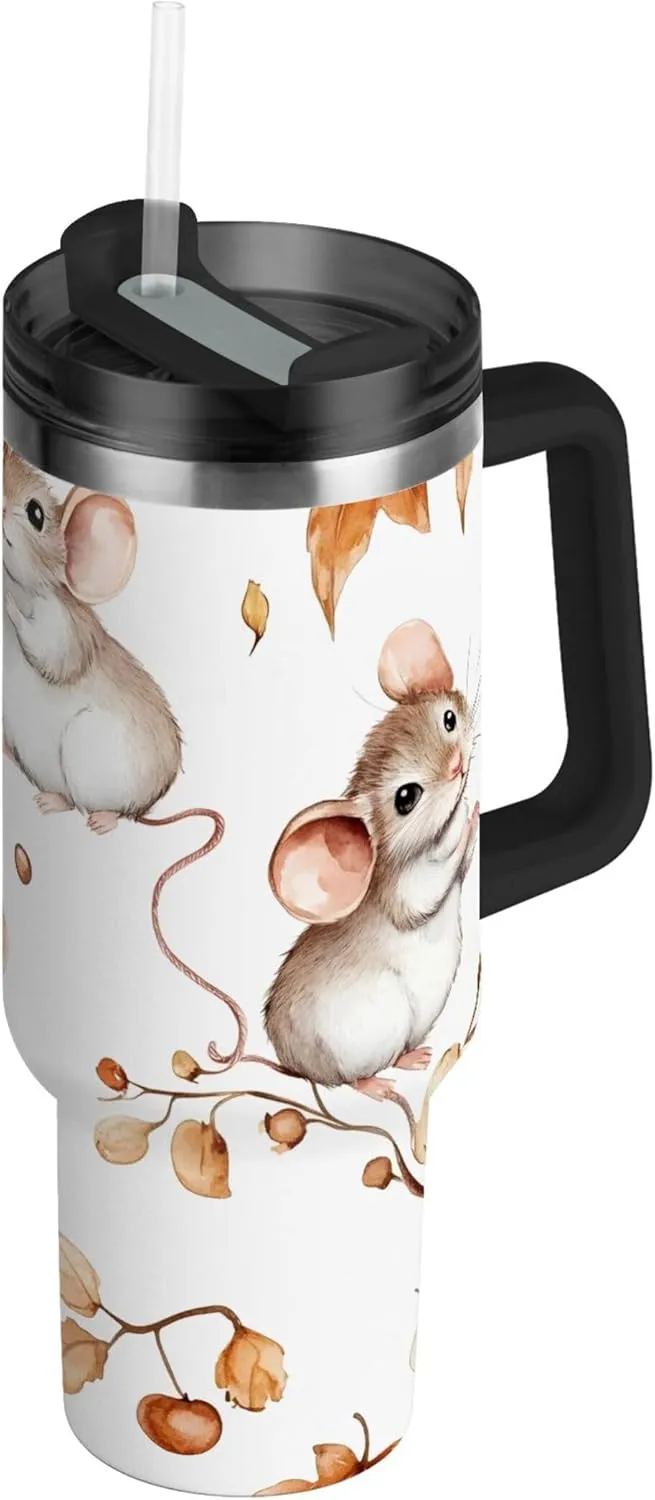 xigua 40 oz Watercolor Mouse Tumbler with Handle and Straw Lid, Stainless Steel Vacuum Insulated Sports Water Bottle, Keeps Cold or Hot Coffee Cup Travel Mug