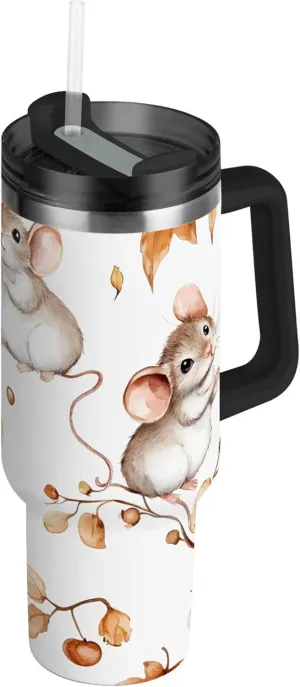 xigua 40 oz Watercolor Mouse Tumbler with Handle and Straw Lid, Stainless Steel Vacuum Insulated Sports Water Bottle, Keeps Cold or Hot Coffee Cup Travel Mug