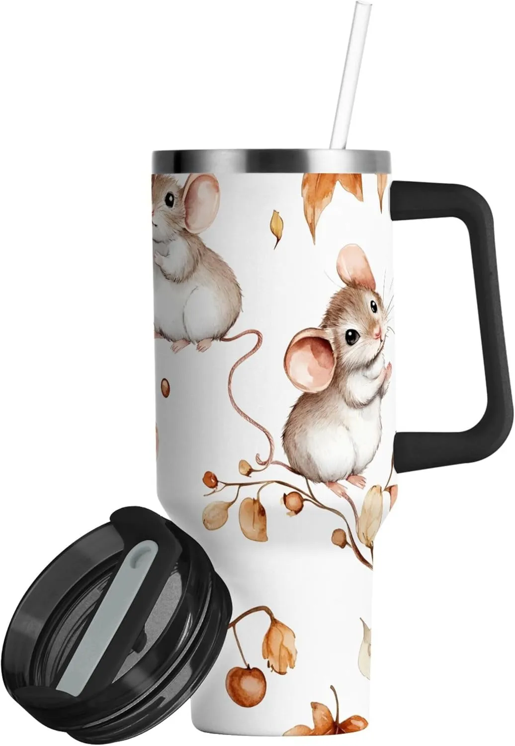 xigua 40 oz Watercolor Mouse Tumbler with Handle and Straw Lid, Stainless Steel Vacuum Insulated Sports Water Bottle, Keeps Cold or Hot Coffee Cup Travel Mug
