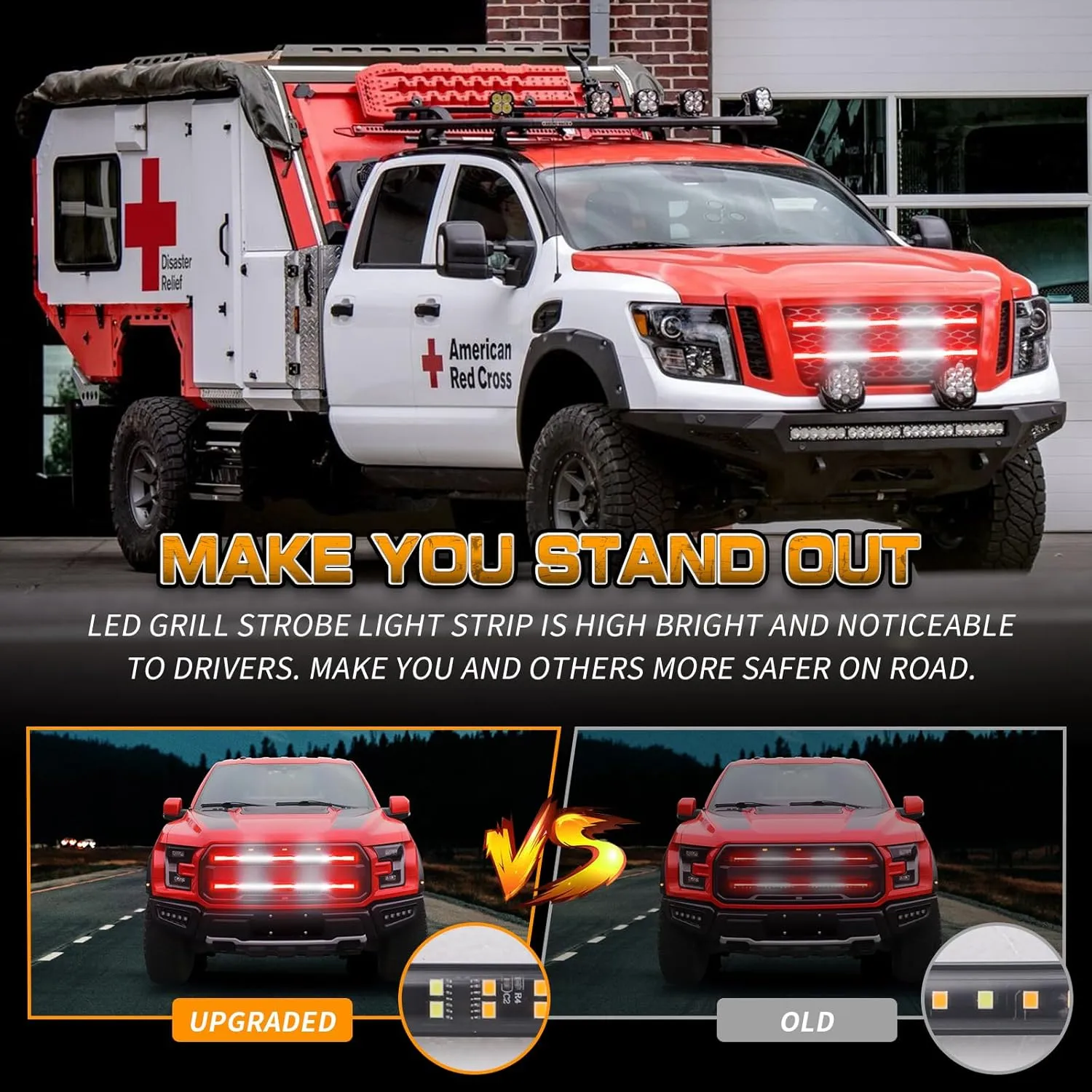 XRIDONSEN 2PCS 30 inch Truck Grill Emergency Lights Strip 360 LED Red White Grille Strobe Lights Flashing Warning Hazard Safety Waterproof First Responder Lights for Vehicles Firefighter Fire Trucks
