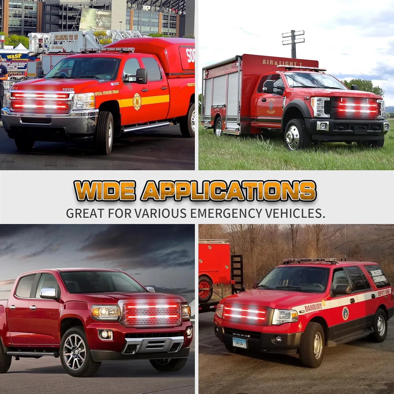 XRIDONSEN 2PCS 30 inch Truck Grill Emergency Lights Strip 360 LED Red White Grille Strobe Lights Flashing Warning Hazard Safety Waterproof First Responder Lights for Vehicles Firefighter Fire Trucks