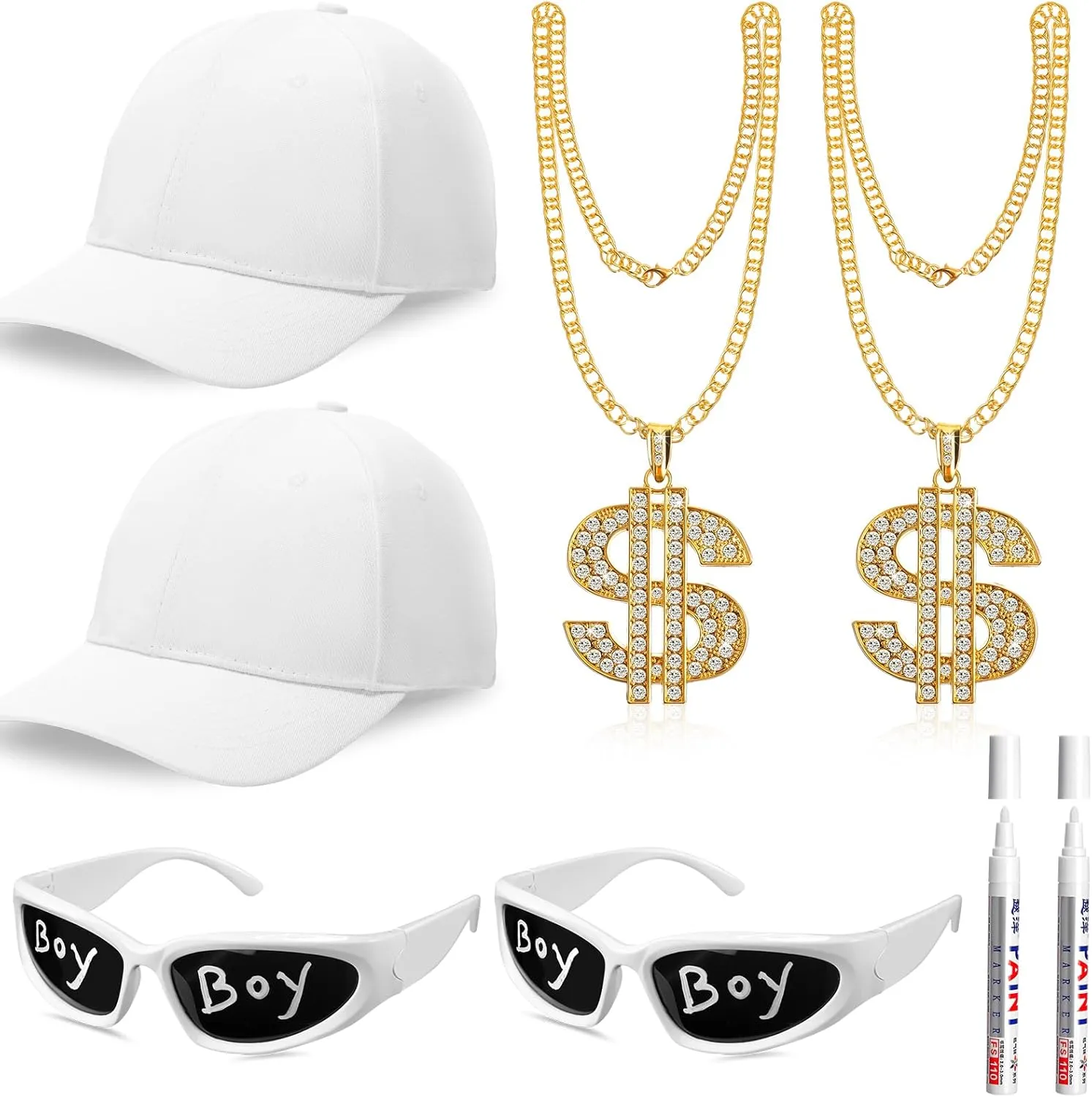 Yahenda 8 Pcs Hip Hop Costume Kit 2000s 80s 90s Rapper Accessories Costume for Men Women Rapper Sunglass Hats Pens and Chain