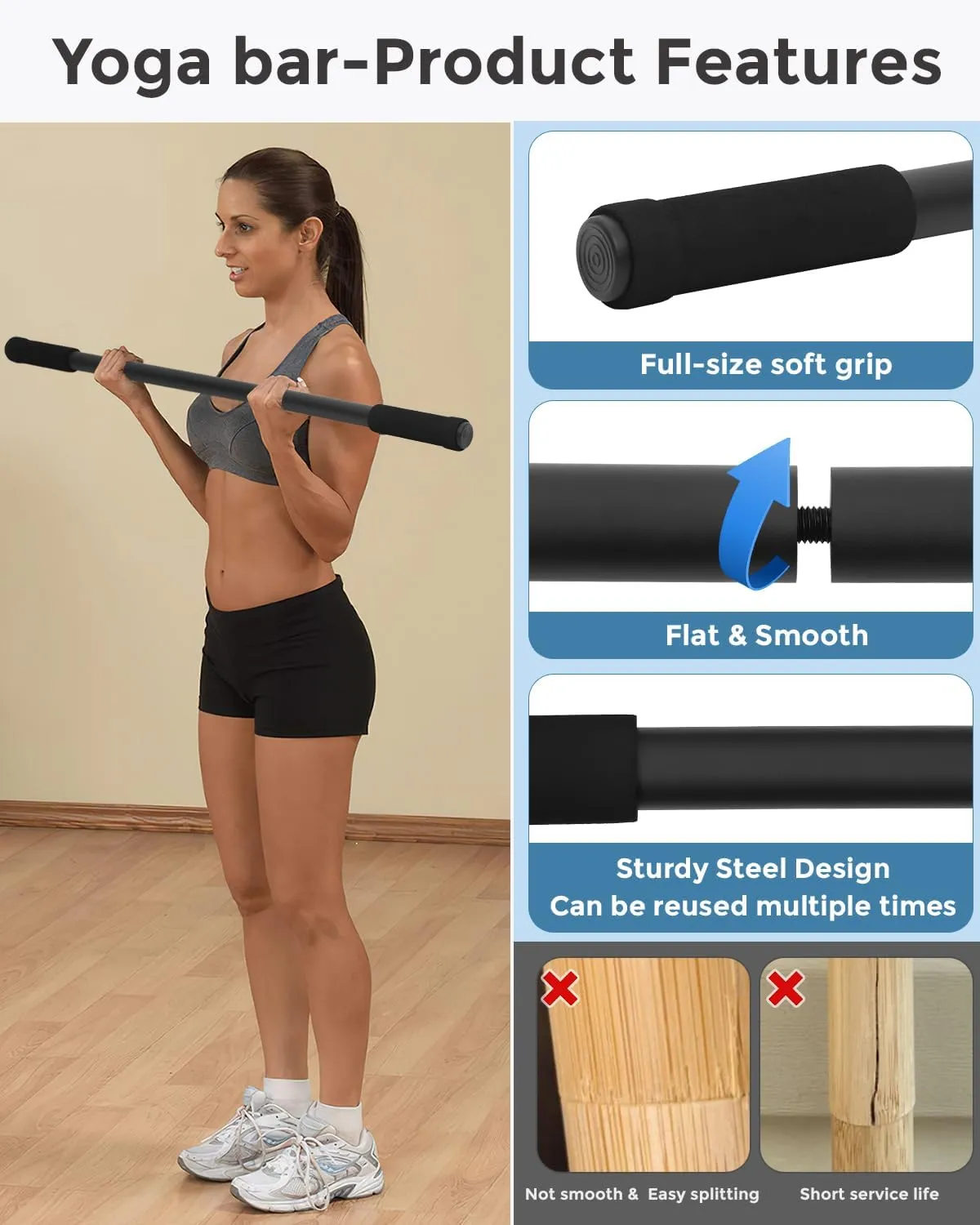 Yoga Stick, 5ft Exercise Stick for Mobility, Stretching Stick with Non-Slip Ends, Exercise Dowel for Physical Therapy, Balance Pole and Stretch Bar for Posture Correction