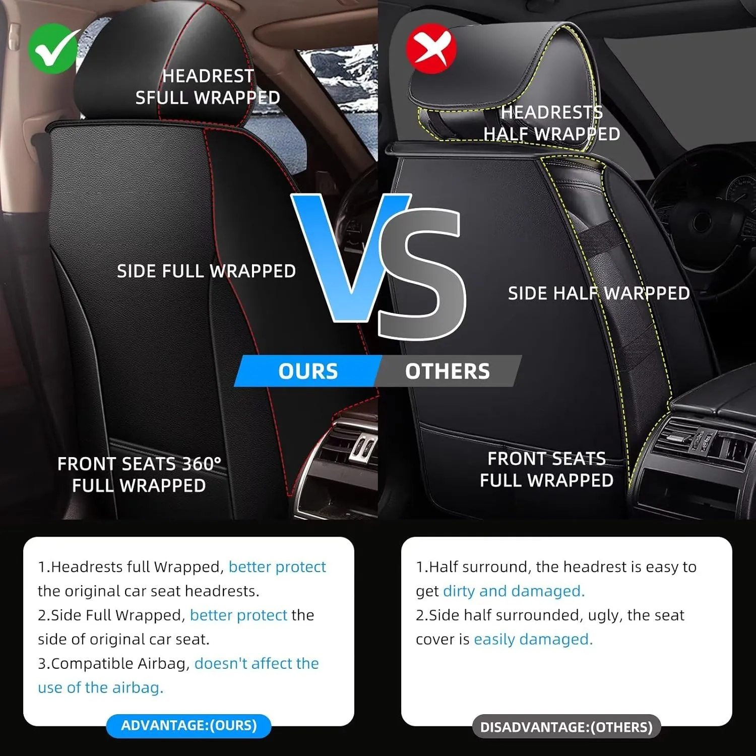YORKNEIC 2 Front Car Seat Covers for Jeep Liberty 2002-2012 Faux Leather Waterproof Seat Covers Automotive Seat Protectors Cushions with Airbag Compatible(2 Front Seat,Black&Beige)