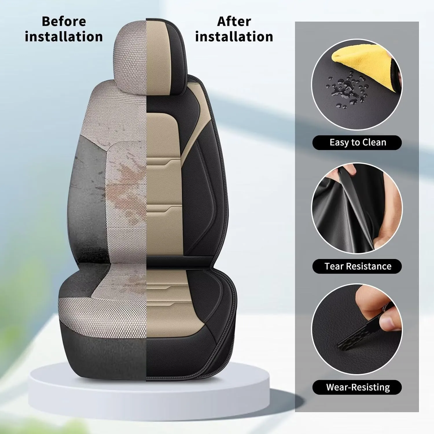 YORKNEIC 2 Front Car Seat Covers for Jeep Liberty 2002-2012 Faux Leather Waterproof Seat Covers Automotive Seat Protectors Cushions with Airbag Compatible(2 Front Seat,Black&Beige)