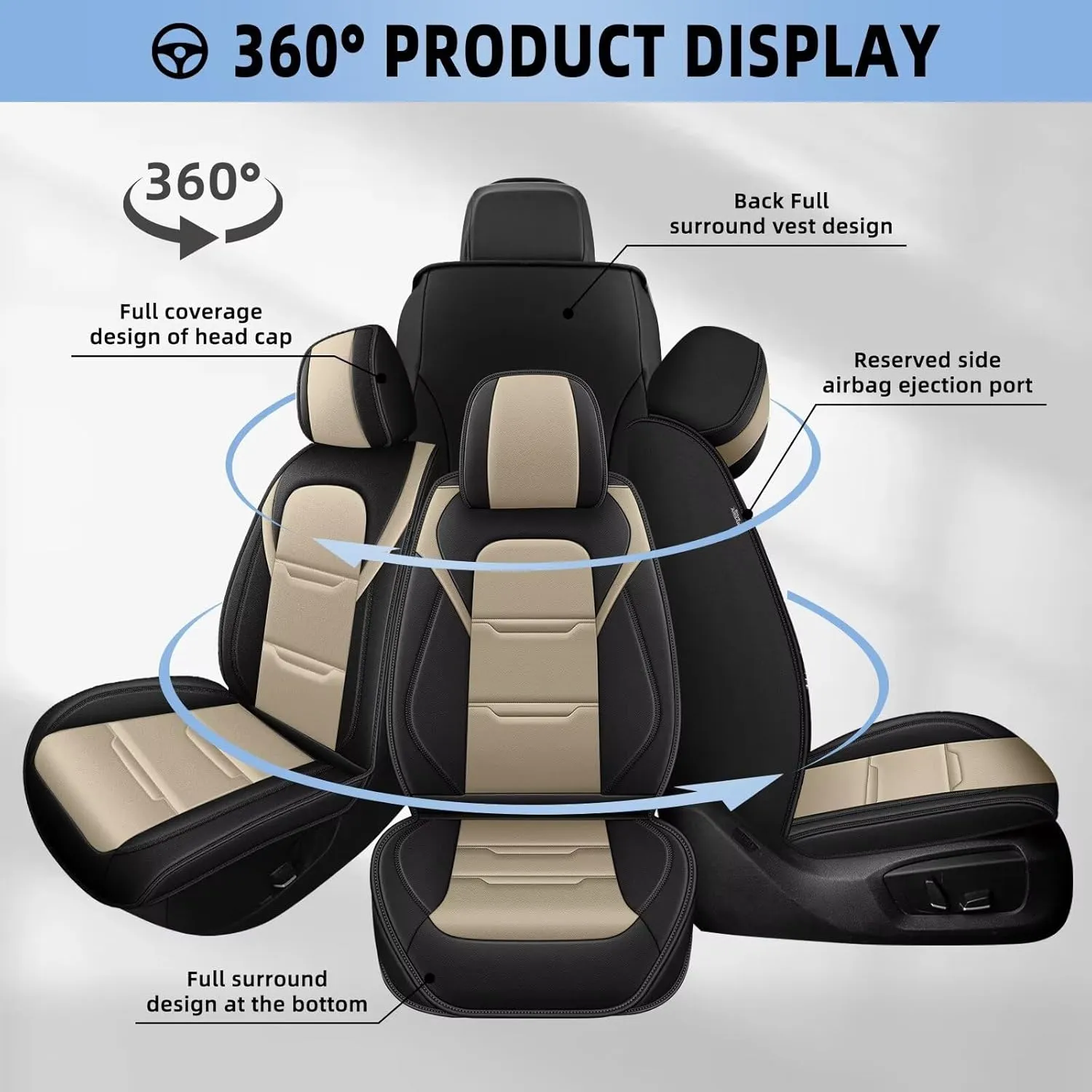 YORKNEIC 2 Front Car Seat Covers for Jeep Liberty 2002-2012 Faux Leather Waterproof Seat Covers Automotive Seat Protectors Cushions with Airbag Compatible(2 Front Seat,Black&Beige)