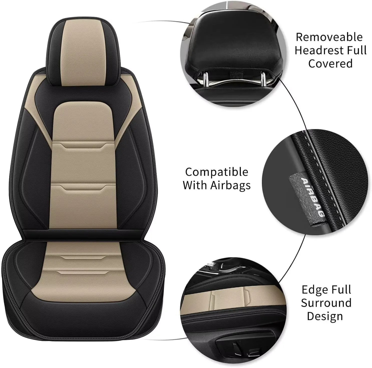 YORKNEIC 2 Front Car Seat Covers for Jeep Liberty 2002-2012 Faux Leather Waterproof Seat Covers Automotive Seat Protectors Cushions with Airbag Compatible(2 Front Seat,Black&Beige)