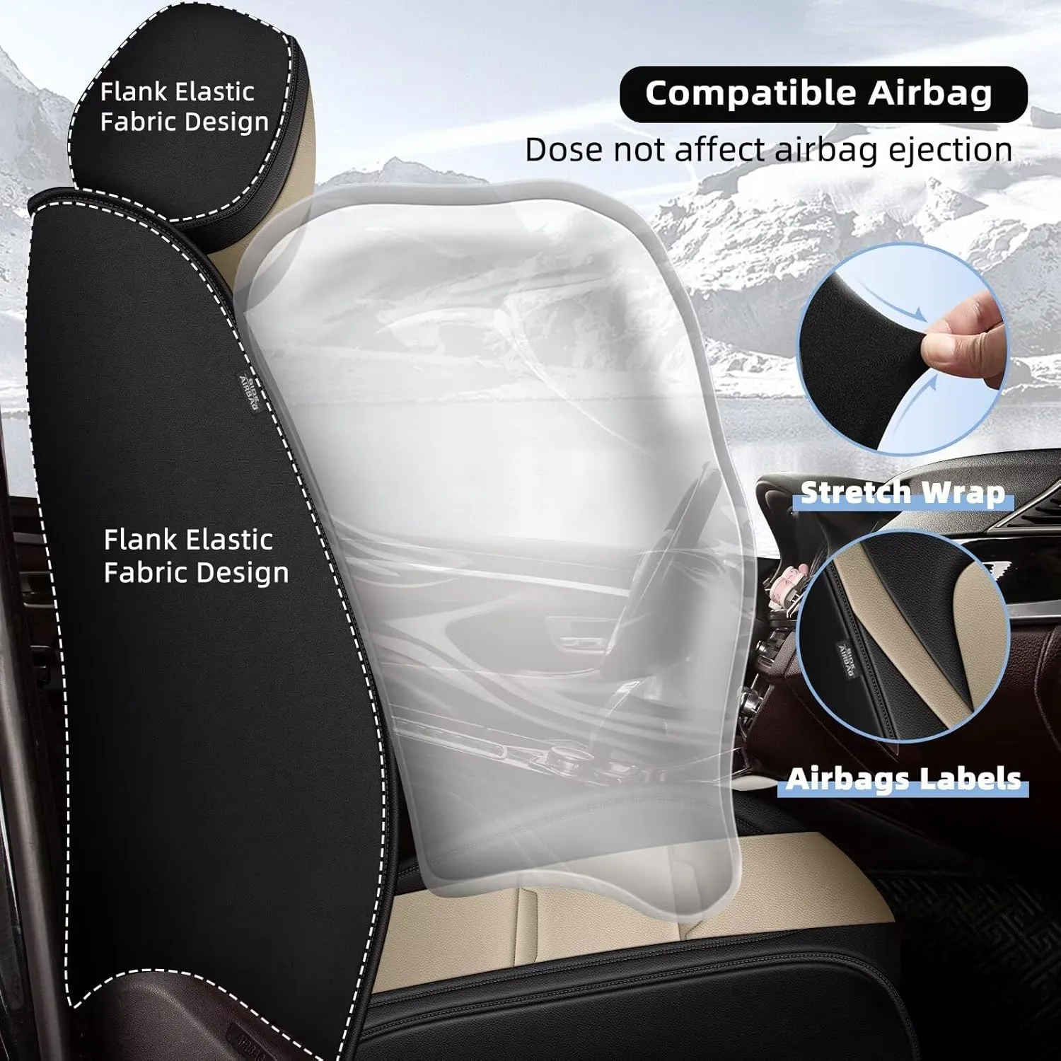 YORKNEIC 2 Front Car Seat Covers for Jeep Liberty 2002-2012 Faux Leather Waterproof Seat Covers Automotive Seat Protectors Cushions with Airbag Compatible(2 Front Seat,Black&Beige)