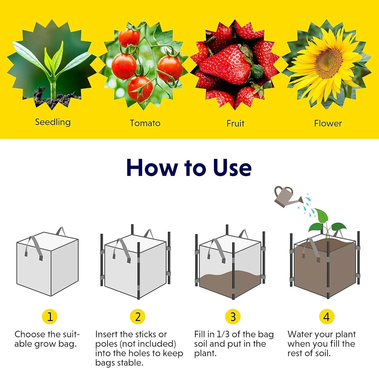 YSSOA 5-Pack 3 Gallon Grow Bags Heavy Duty Thickened Nonwoven Aeration Fabric Pots with Handles, Cloth Pots for Plants, Vegetable, Flower, Tomato Potato