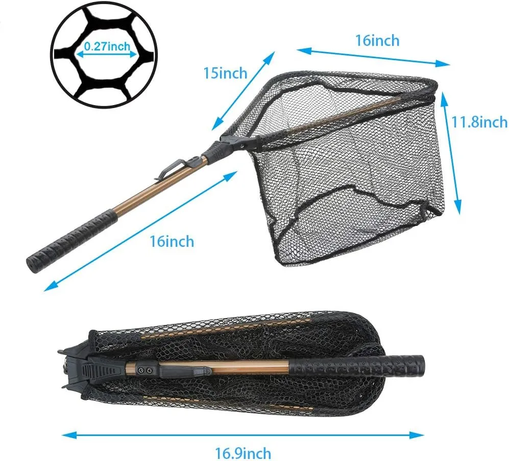 YVLEEN Folding Fishing Net - Foldable Fish Landing Net Robust Aluminum Telescopic Pole Handle and Nylon Mesh 16inch Hoop Size