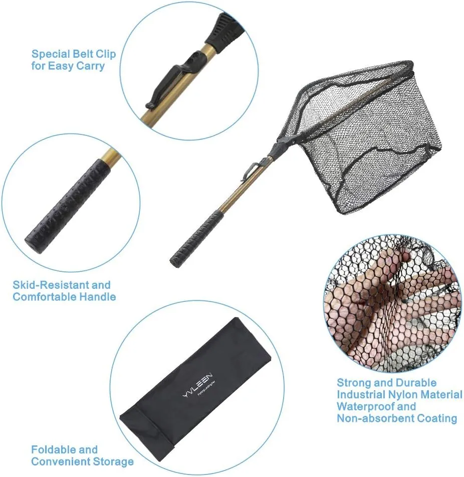 YVLEEN Folding Fishing Net - Foldable Fish Landing Net Robust Aluminum Telescopic Pole Handle and Nylon Mesh 16inch Hoop Size