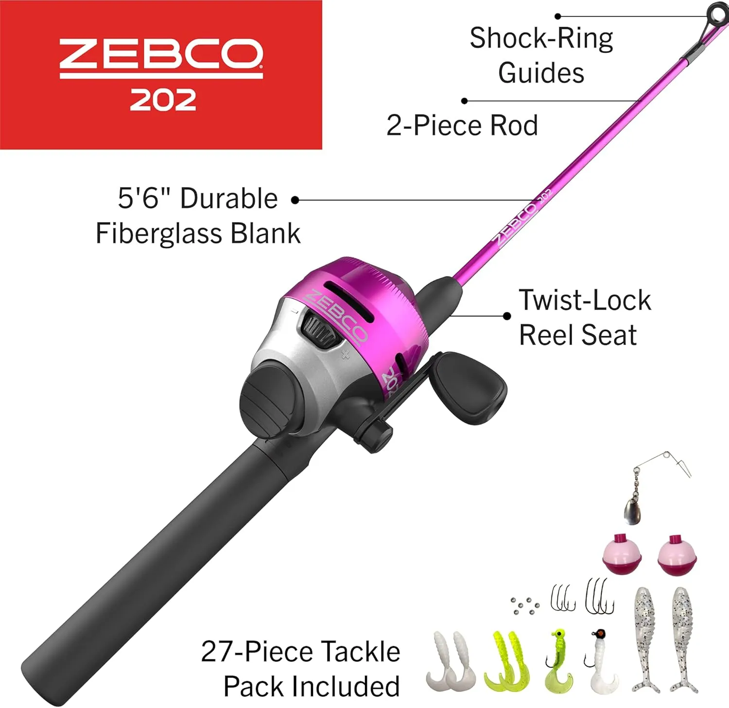 Zebco 202 Spincast Reel and Fishing Rod Combo, 5-Foot 6-Inch 2-Piece Fishing Pole, Size 30 Reel, Right-Hand Retrieve, Pre-Spooled with 10-Pound Zebco Line