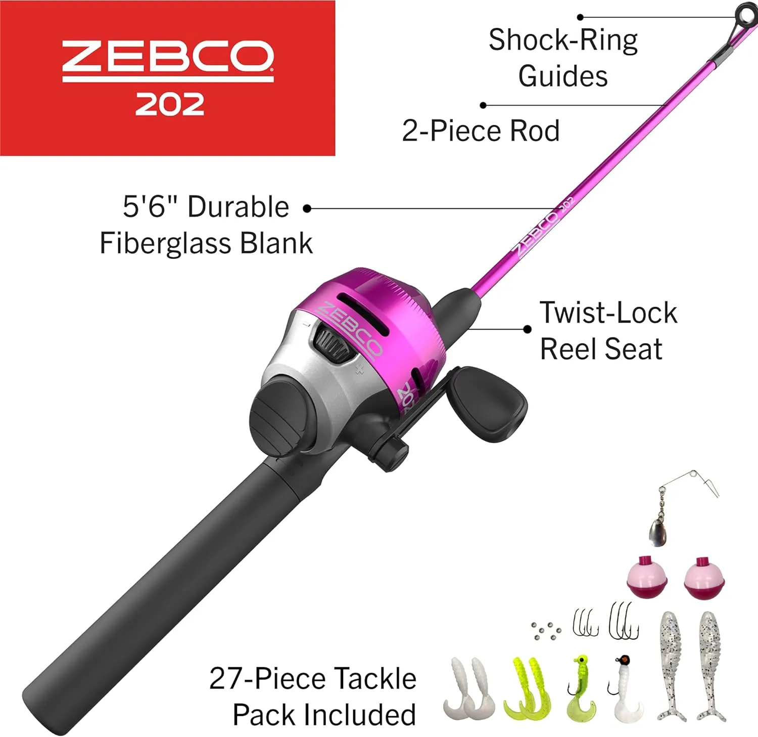 Zebco 202 Spincast Reel and Fishing Rod Combo, 5-Foot 6-Inch 2-Piece Fishing Pole, Size 30 Reel, Right-Hand Retrieve, Pre-Spooled with 10-Pound Zebco Line
