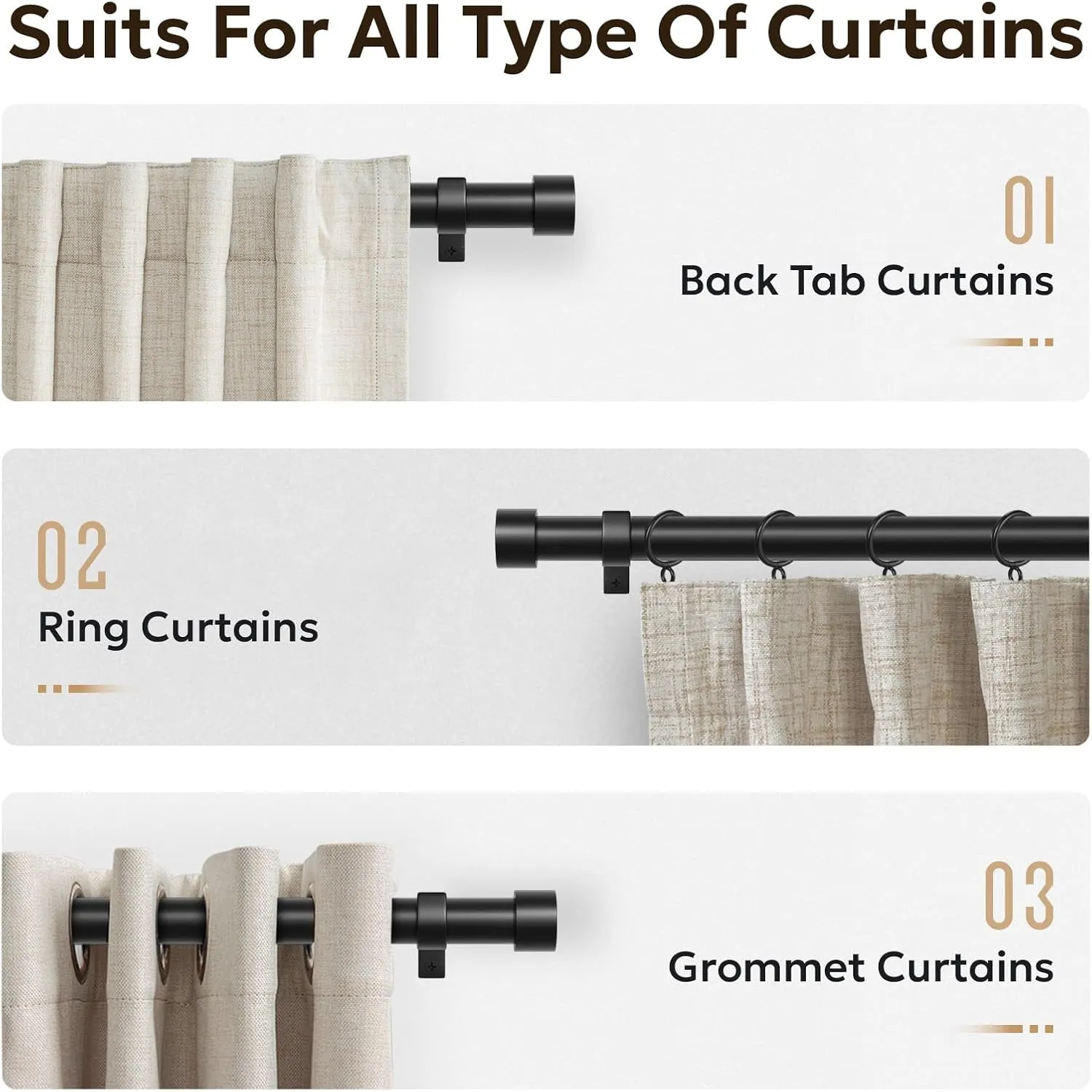 Zeerobee Curtain Rods for Windows 48 to 84, Black Curtain Rod, Adjustable 1 Inch Heavy Duty Outdoor/Indoor Modern Drapery Pole, 32"-86"