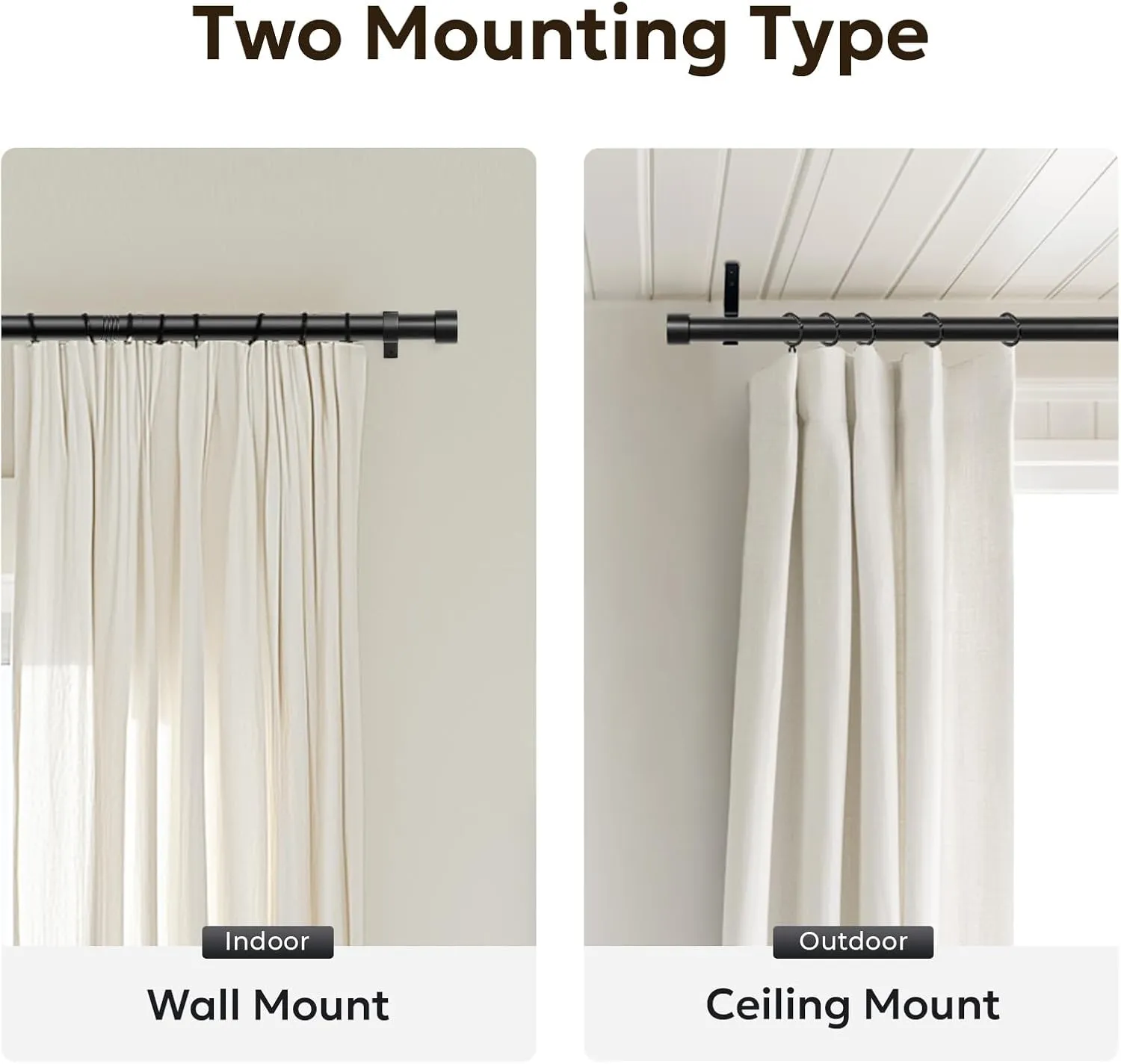 Zeerobee Curtain Rods for Windows 48 to 84, Black Curtain Rod, Adjustable 1 Inch Heavy Duty Outdoor/Indoor Modern Drapery Pole, 32"-86"