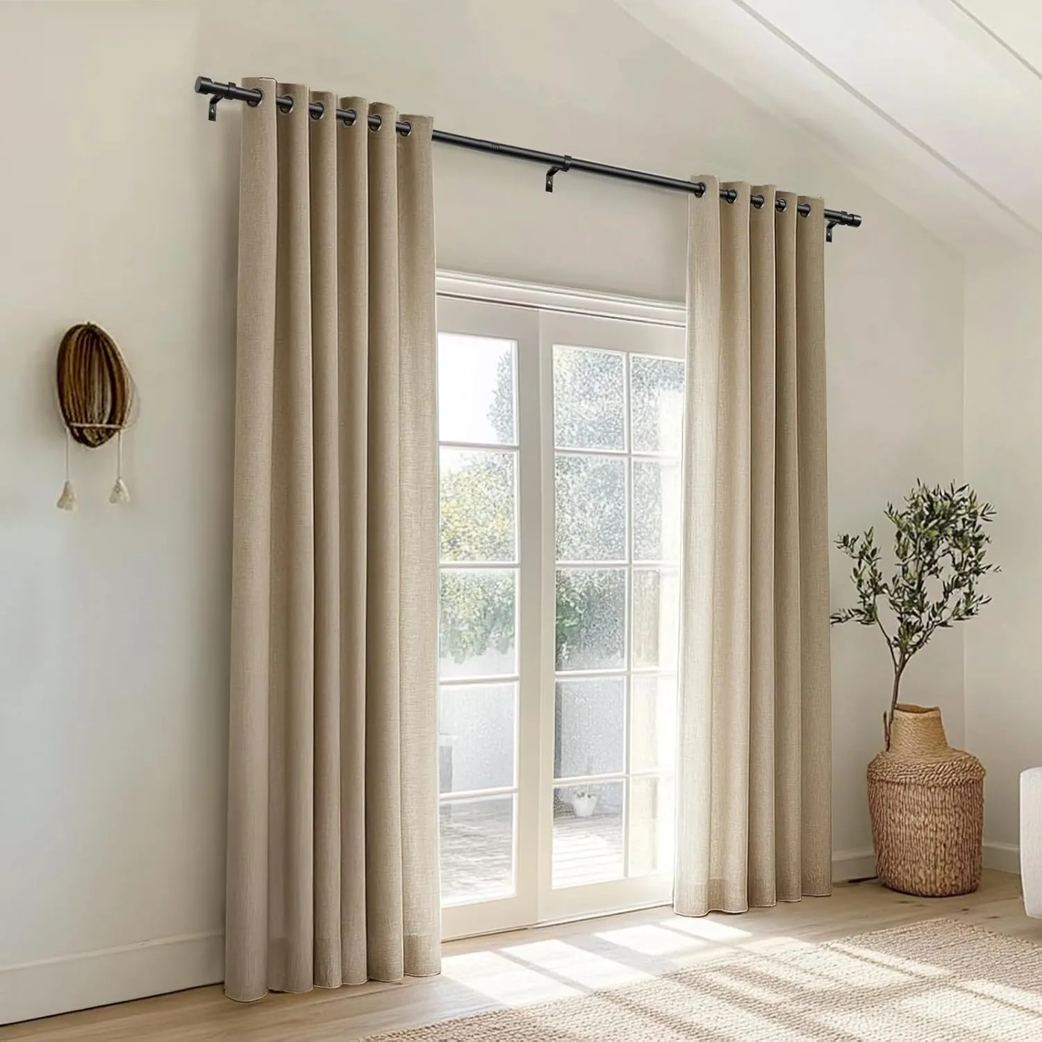 Zeerobee Curtain Rods for Windows 48 to 84, Black Curtain Rod, Adjustable 1 Inch Heavy Duty Outdoor/Indoor Modern Drapery Pole, 32"-86"