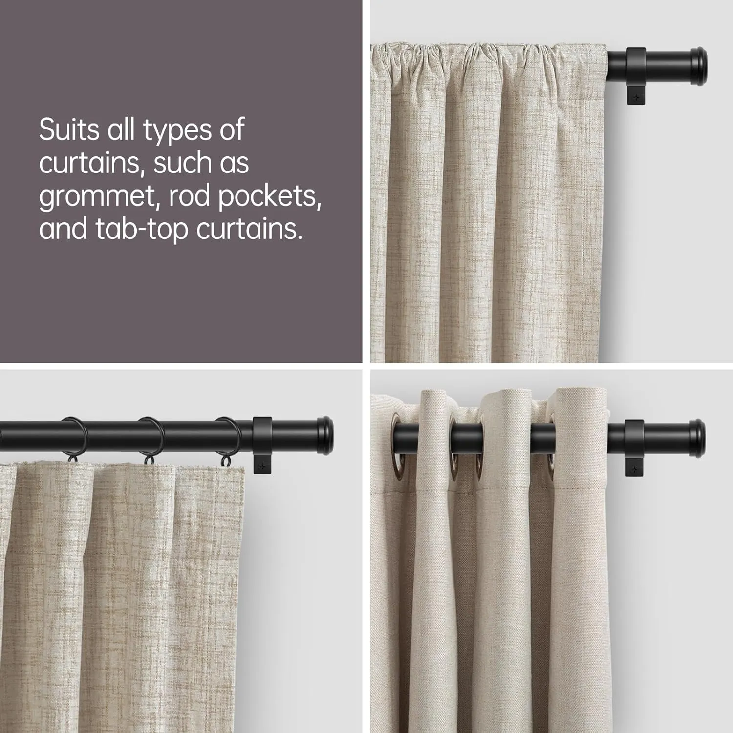 Zeerobee Curtain Rods for Windows 66 to 120, 1 Inch Black Heavy Duty Adjustable Drapery Rods, Modern Indoor/Outdoor Curtain Pole for Bedroom, Living Room, Patio, Farmhouse, 32"-120"