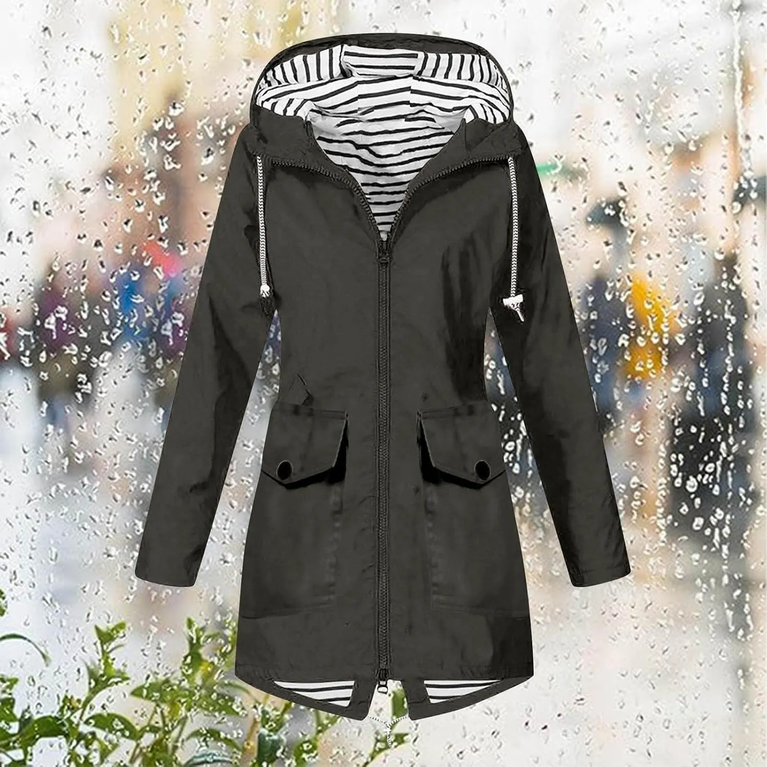 ZEFOTIM Raincoat for Women with Hood Waterproof Light Weight Casual Raincoat with Pockets Zip Up Hiking Jackets Clothes