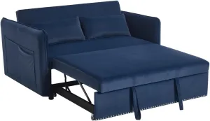 ZeHuoGe 3 in 1 Convertible Sleeper Futon Sofa Bed, 55" Velvet Small Loveseat Lounge Couches with 2 Pillows, Reclining Backrest, USB Ports & Side Pockets for Living Room, Pull-Out Couch (Blue)