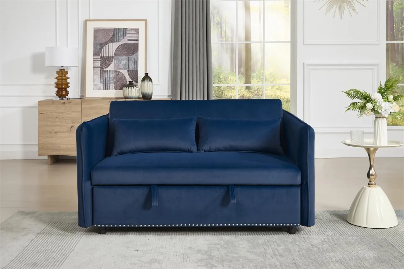 ZeHuoGe 3 in 1 Convertible Sleeper Futon Sofa Bed, 55" Velvet Small Loveseat Lounge Couches with 2 Pillows, Reclining Backrest, USB Ports & Side Pockets for Living Room, Pull-Out Couch (Blue)