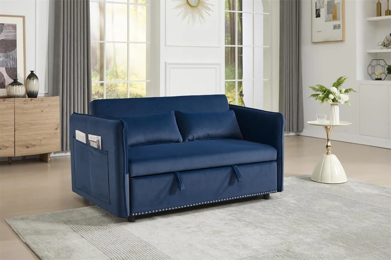 ZeHuoGe 3 in 1 Convertible Sleeper Futon Sofa Bed, 55" Velvet Small Loveseat Lounge Couches with 2 Pillows, Reclining Backrest, USB Ports & Side Pockets for Living Room, Pull-Out Couch (Blue)