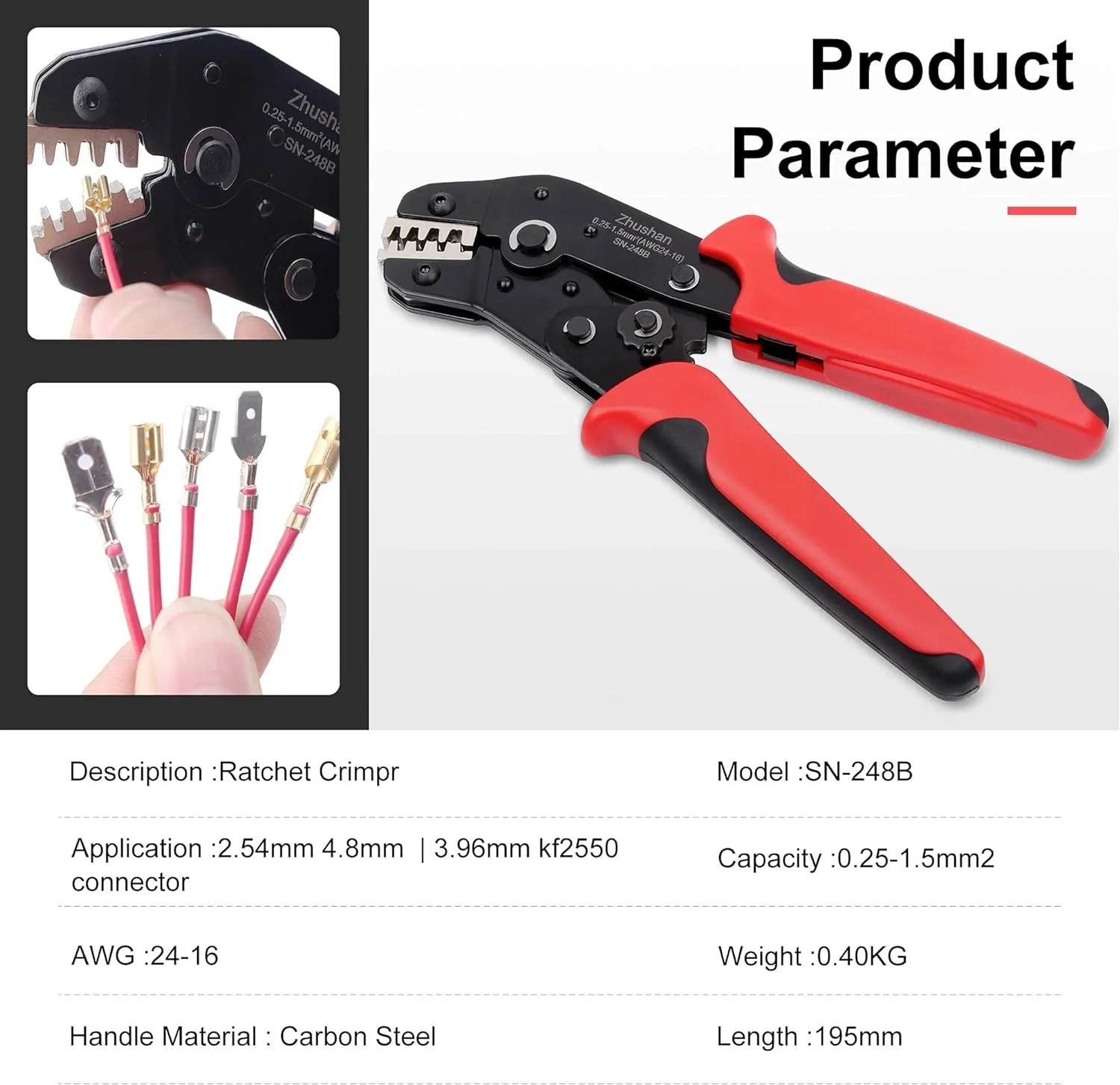 Zhushan Wire Crimping Tool for Dupont, Molex, JST Terminals AWG24-16 (0.25-1.5mm²) - Professional Wire Crimper and Molex Crimper