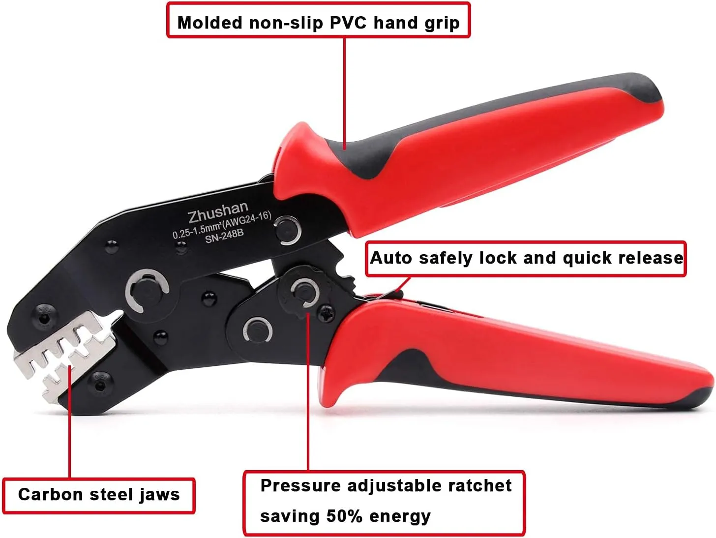 Zhushan Wire Crimping Tool for Dupont, Molex, JST Terminals AWG24-16 (0.25-1.5mm²) - Professional Wire Crimper and Molex Crimper